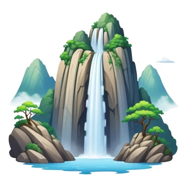 Mount Lu waterfalls and mist Jiangxi, simplified emoji style with bold outlines and bright colors, cartoon style misty mountain with waterfall sticker