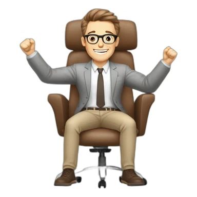 Joyful Celebrating victory Hands up Pale skinned Fit Man With dark brown hair in gray jacket, beige office shirt, Brown pants and vintage glasses sitting In a soft chair sticker