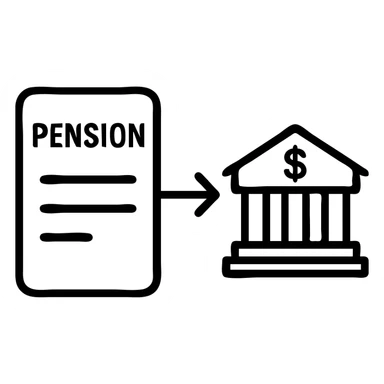 A simple, clean icon of a pension document with an arrow pointing to a bank logo, emphasizing the straightforward process of pension transfer, in a minimalist and professional style. sticker