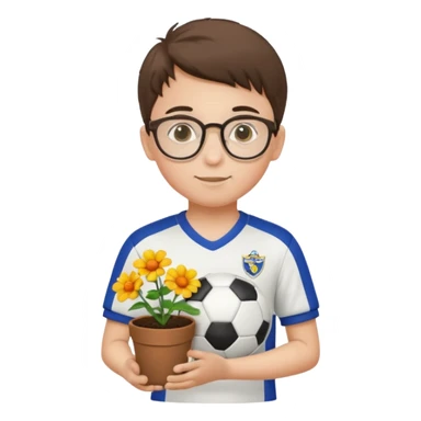 young boy wearing glasses, wearing soccer uniform, holding a flower pot sticker