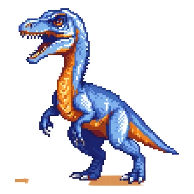 A bright blue velociraptor dinosaur with sharp teeth and claws sticker