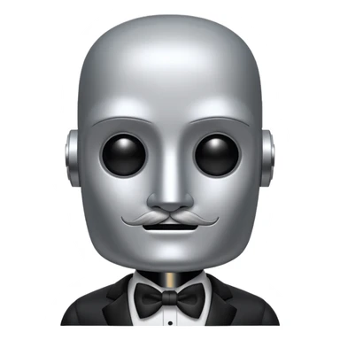 Silver robot with a square head, no hair, no pupils, thick moustache, wearing a tuxedo, buff sticker