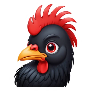 Cinematic Cute Black Rooster Portrait Emoji, Head tilted playfully and inquisitively, featuring a glossy, immaculate black plumage with a vibrant red comb, round, sparkling eyes filled with curiosity, Simplified yet irresistibly adorable features, highly detailed, glowing with a warm, friendly glow, high shine, affectionate and spirited, stylized with a touch of farmyard whimsy, bright and endearing, soft glowing outline, capturing the essence of a mischievous yet loving rooster, so playful it feels like it could strut out of the screen and into your arms! sticker