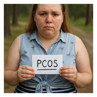 Realistic woman with PCOS inspired by the reference photo, slightly overweight body, skin with acne, thin hair, similar clothing, natural environment, hyperrealistic 4K details. sticker