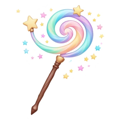 Cinematic cute magical wand, pastel swirls of color, tiny twinkling stars floating around, glowing softly, chubby rounded edges, whimsical and dreamy. sticker