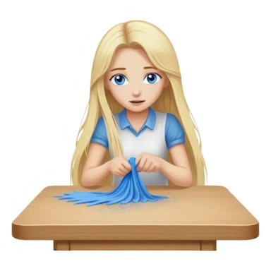Cinematic realistic blonde with long hair, blue eyes wipes dust off the table sticker