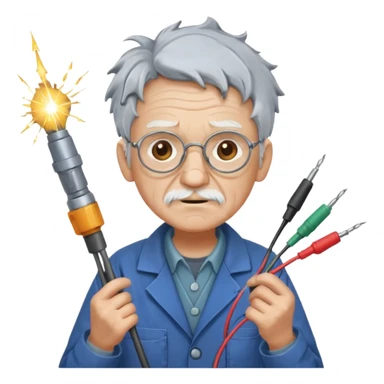 A scatteredbrained old tinkerer with messy workshop coat, holding sparking wires.
 sticker