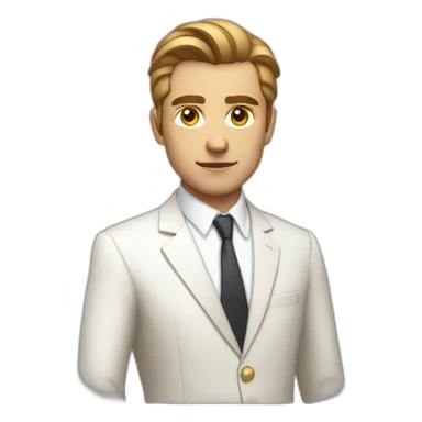 Man long light brown hair slicked white suit white shirt serious expression sticker
