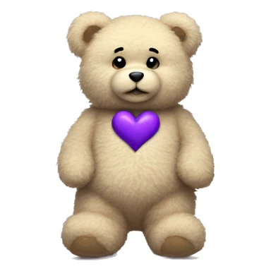 Beige fluffy teddy bear with small purple heart patch on chest sticker