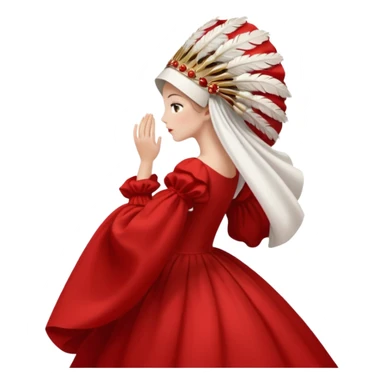 mujer de perfil con un vestido rojo de manga y falsas largas y voluptosas, y una toca blanca GRANDE que no se le ve la cara porque la toca la cubre sticker
