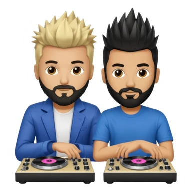 Two male dj’s, one with a long spiky Blonde hair, the second one black short hair and black beard sticker