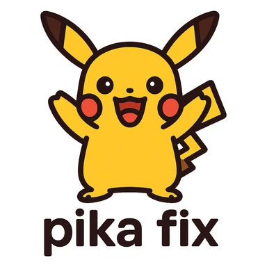 Edit the Pikachu character to be cute and energetic with two lines of text below it: 'pika' on the first line and 'fix' on the second line. Use a colorful lineal icon style with black outlines. Remove the background. sticker