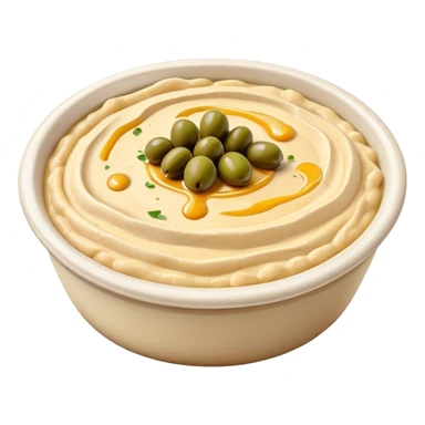 Cinematic Realistic Hummus Dish Emoji, depicted as a creamy chickpea dip drizzled with olive oil rendered with rich textures and warm, inviting lighting. sticker