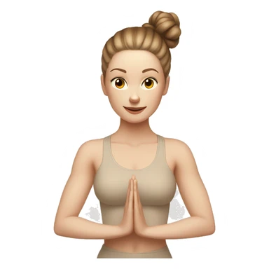 Pale skinned fit women in a beige tight yoga suit and wristbands with brown hair in a bun doing yoga sticker