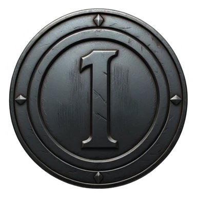Minimal emoji, gothic metal coin made of black steel, engraved number 1 at the center, ancient industrial aesthetic, worn metal texture, no glow, no neon, flat emoji design, centered, transparent background sticker
