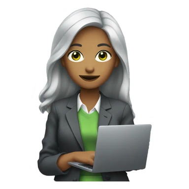 girl with gray hair, green eyes, in a suit with a laptop sticker