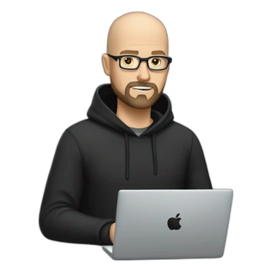 bald white man with glasses and a black beard typing on apple computer wearing a black hoodie sticker