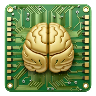 brain emoji with visible circuit patterns, resembling a computer motherboard, in green and gold colors sticker