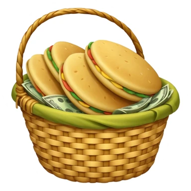 baskets, some overflowing with money, others with colombian arepas sticker