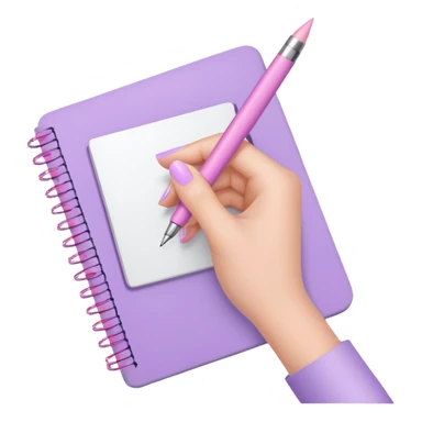close-up of feminine hand with delicate lilac manicure, pastel pink pen, and notebook sticker