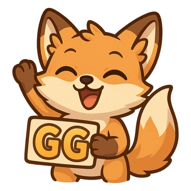 playful and cheerful fox emote for twitch saying GG (good game), joyful and lively sticker
