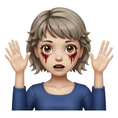 Cabelo ondulado  um pouco cheio e franja curta  Olhos marrons e pequenos e feita d ezumbi mais bonita com cabelo amarro na e com as mãos assim tipo assim🧟‍♀️ sticker