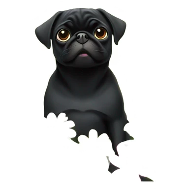 Black pug , surrounded by flowers, holding a green sign that says “good luck”  sticker