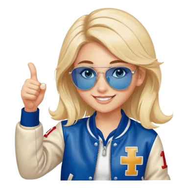 smiling girl in letterman jacket Blue eyes thumb up, Name is Tini, sunglasses in hair sticker