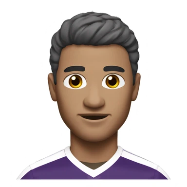 49 y-o soccer player, short hair, small central crest "salt and pepper", dark stubble, subtle rounded face, brown eyes, black and purple jersey sticker