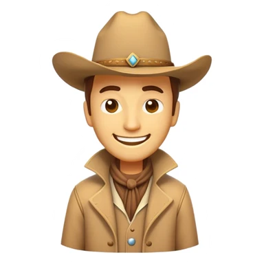 Clash of Clans aesthetic Cheerful Cowboy Portrait Emoji, With a bright, confident smile and a relaxed, adventurous stance, showcasing a stylized, spirited build in a duster coat and classic hat, his face rendered in natural skin tone, Simplified yet expressive features, highly detailed, glowing with a soft, golden western radiance, high shine, upbeat and daring, stylized with an air of classic cowboy allure, soft glowing outline, capturing the essence of a cheerful cowboy ready to gallop into epic adventures! sticker