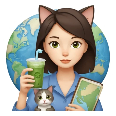 a brunette woman in here 30S drinking an iced matcha, carrying a grey cat and a map of the world sticker