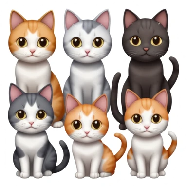 4 different coloured short haired cats including; a dark brown and white cat, and a dark grey and white, and a calico sticker