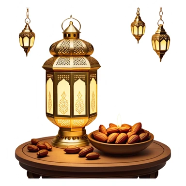 A beautifully warm and inviting Ramadan-inspired setting. A glowing ornate lantern sits on a wooden table, casting intricate patterns of light. Beside it, a decorative bowl filled with dates symbolizes hospitality and tradition.  sticker