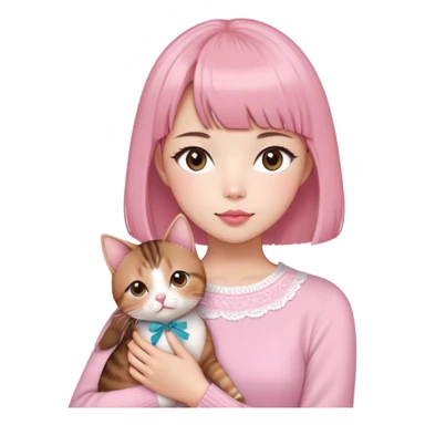 Cute East Asian girl, soft fair skin with blush on cheeks, big brown eyes with long lashes, natural pink lips, inward brown bob with straight bangs. Wearing a stylish pink knit top with ribbon details and subtle lace trim, holding a Abyssinian cat in arms sticker