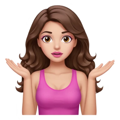 girl with long wavy brown hair, brown eyes, long lashes makeup, sexy pink lips, light to medium complexion, pink sexy top, two hands up, shrugging, confused sticker