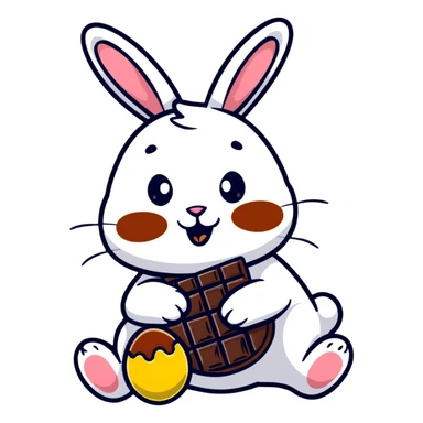 Easter bunny with chocolate smeared on face eating chocolate sticker