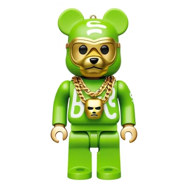 classic bearbrick figure with lime green mask covered in chaotic brand logos, wearing several large gold chains, gold pendant, rapper style accessories, expressive eyebrows sticker
