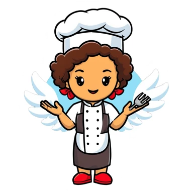 Mixed-race female chef with medium-length curly brown hair, wearing a chef's hat (toque), with both an angel halo and devil horns on her head sticker