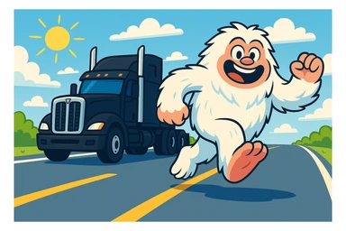 Rotate the black semi truck slightly to the right and show the entire scene from a farther distance, maintaining the composition of the semi chasing a small cartoonish abominable snowman on a bright highway. Keep the bright highway and cartoonish style consistent. sticker