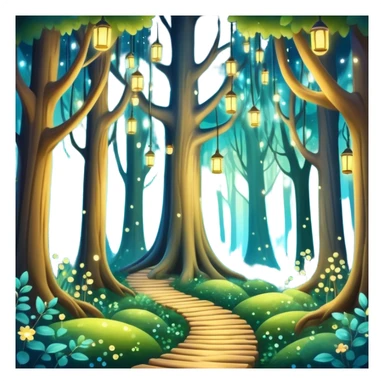enchanted forest with tall trees, sparkling lights, whimsical atmosphere sticker