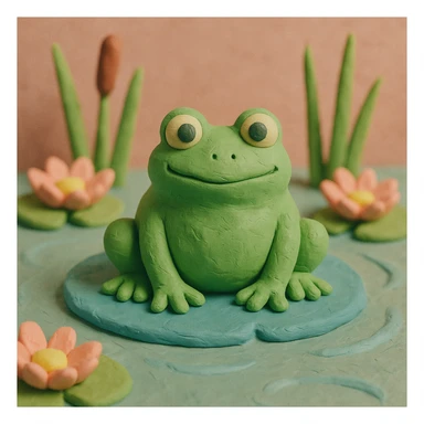 frog sitting in a pond with visible water lilies and reeds, soft pastel colors, claymation style sticker