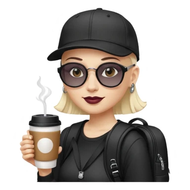 ["A happy woman with light skin, bald, wearing a baseball cap and sunglasses, dressed in goth fashion, is drinking coffee while holding a backpack."] sticker