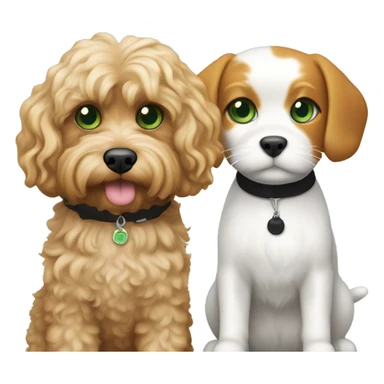 a blond apricot colored cavapoo standing next to a calico cat with a mix of black, orange, and white fur, green eyes sticker