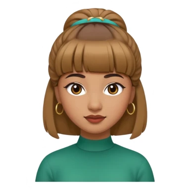 In Apple Memoji format, a girl with bangs and her hair in a bun. The girl has light brown skin and arab ethnic features sticker