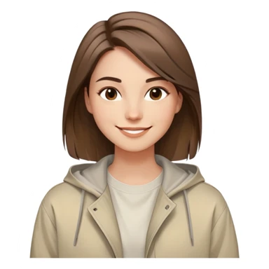 smiling face with soft straight brown hair swept to one side, warm and creative eyes, wearing neutral-toned aesthetic clothing including light oversized jacket and artistic tee, expression conveys positive energy style and originality sticker