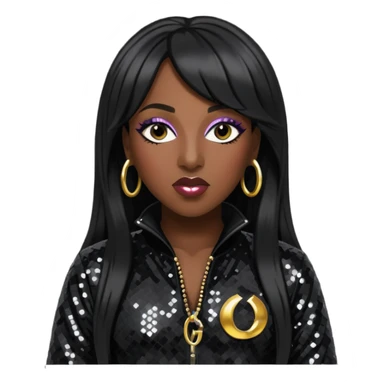 Missy Elliott with long black hair, black sequin outfit sticker