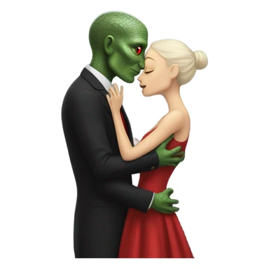 White man in black dress hugs and kissing Alien reptilian woman in red dress  sticker