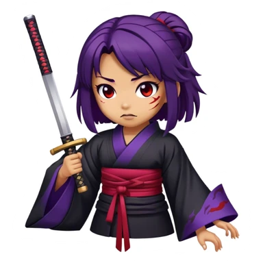 A samurai girl with deep purple hair, black kimono, holding a bloodstained katana sticker