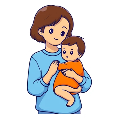 brunette girl with brown hair wearing pastel blue clothes holding a baby sticker