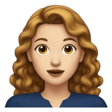 A white woman with brown hair, making an air kiss, wearing long earrings and a dark blue dress sticker